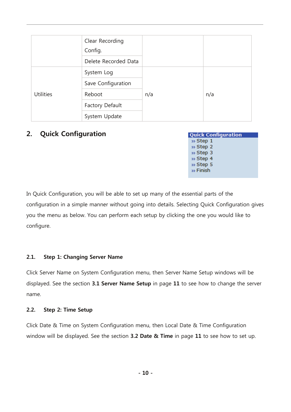 Quick configuration, Step 1: changing server name, Step 2: time setup | 2 . quick configuration | Eneo PXC-2080CS User Manual | Page 65 / 141