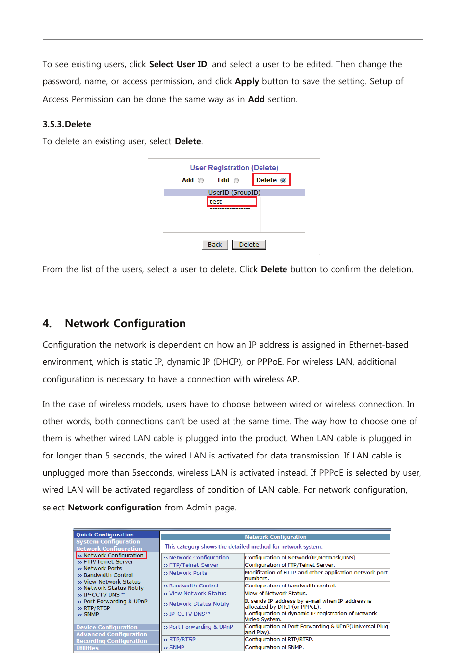 Delete, Network configuration | Eneo PXC-2080CS User Manual | Page 72 / 141