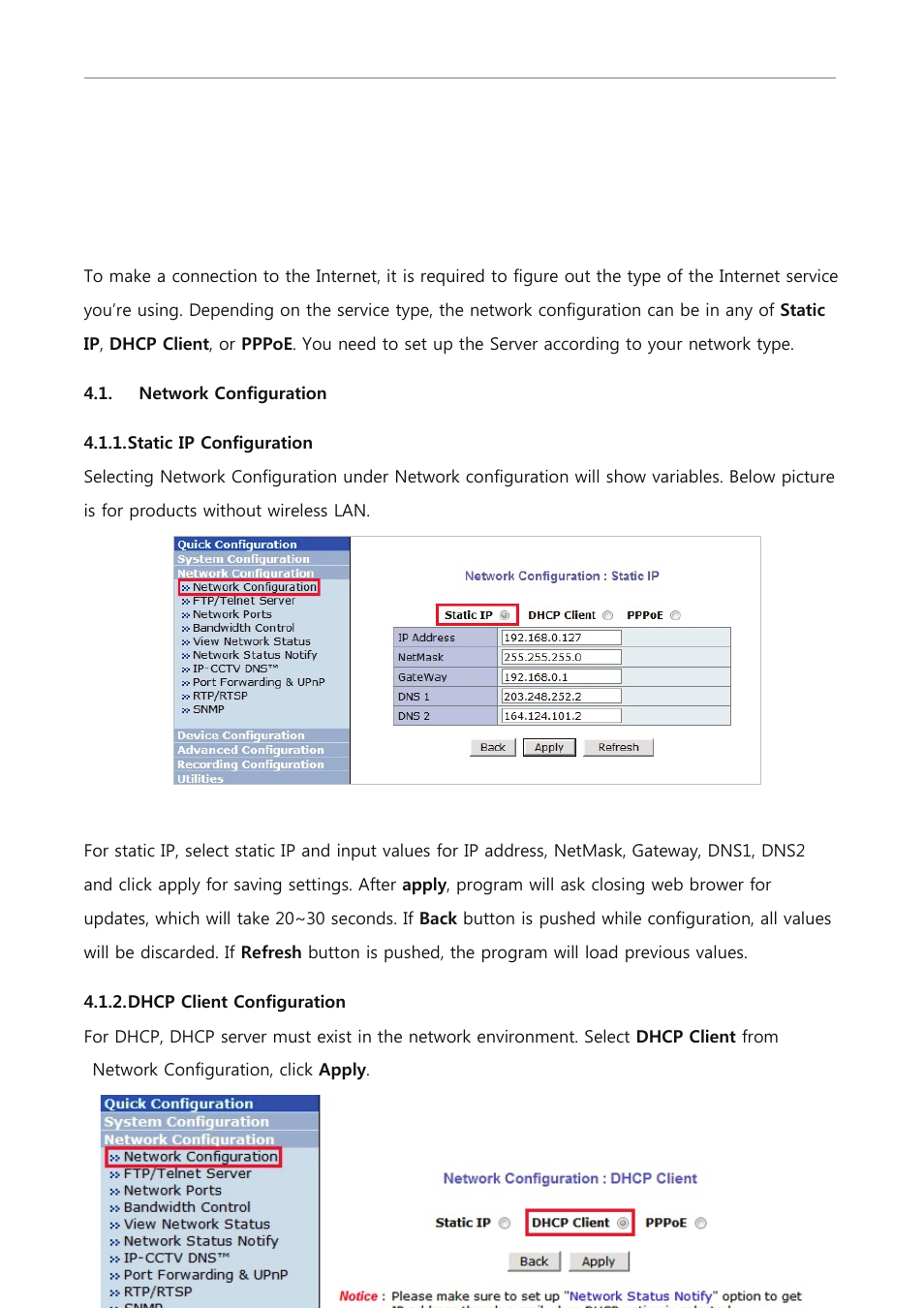 Network configuration, Static ip configuration, Dhcp client configuration | 1 network configuration | Eneo PXC-2080CS User Manual | Page 73 / 141