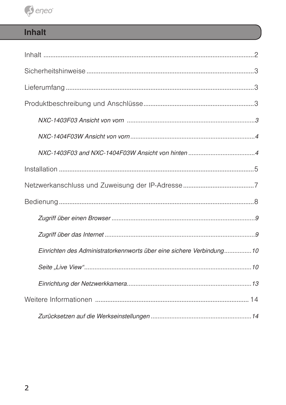 Inhalt | Eneo NXC-1404F03W User Manual | Page 2 / 68