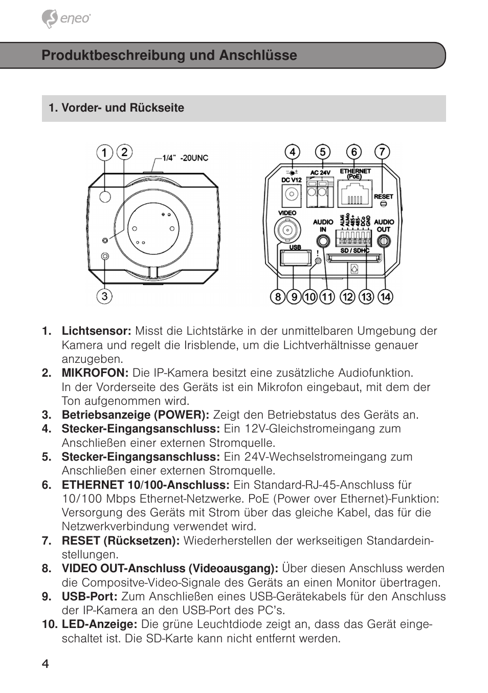 Produktbeschreibung und anschlüsse | Eneo GXC-1720M User Manual | Page 4 / 48