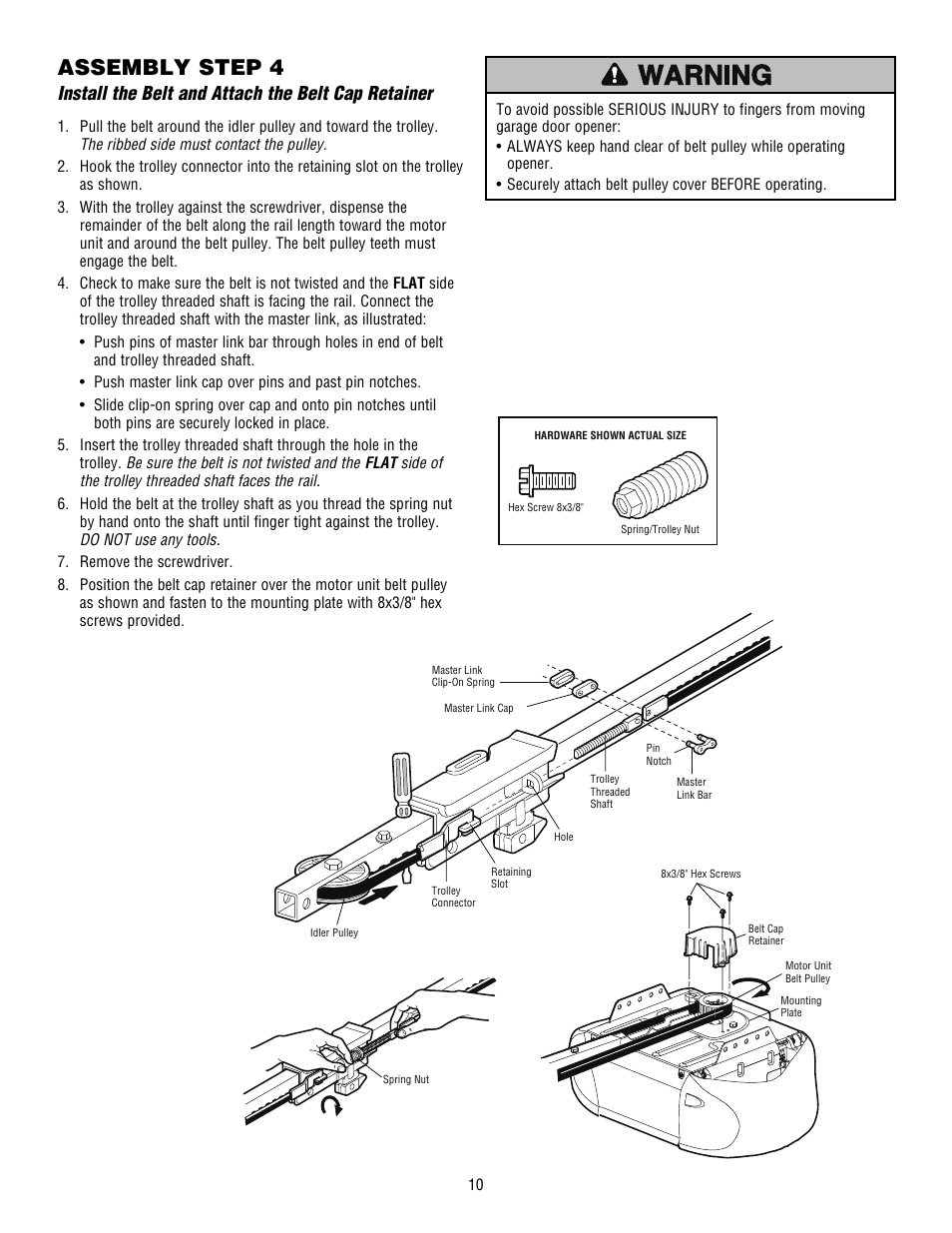 Install the belt and attach the belt cap retainer, Assembly step 4 | Chamberlain WHISPER DRIVE HD900D User Manual | Page 10 / 88