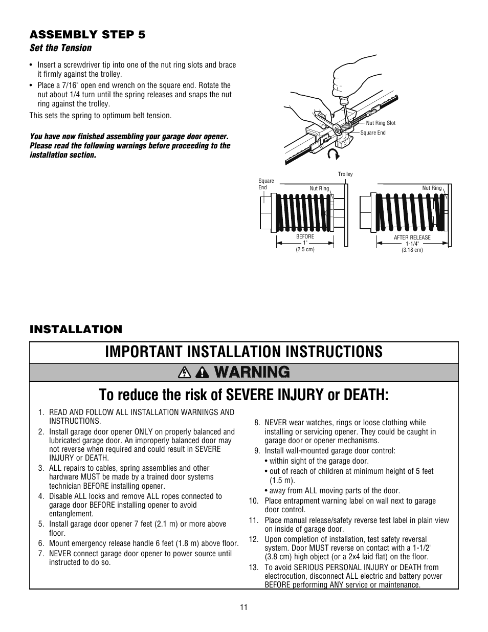 Set the tension, Installation, Installation assembly step 5 | Chamberlain WHISPER DRIVE HD900D User Manual | Page 11 / 88