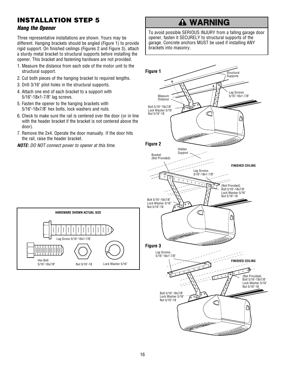 Hang the opener, Installation step 5 | Chamberlain WHISPER DRIVE HD900D User Manual | Page 16 / 88