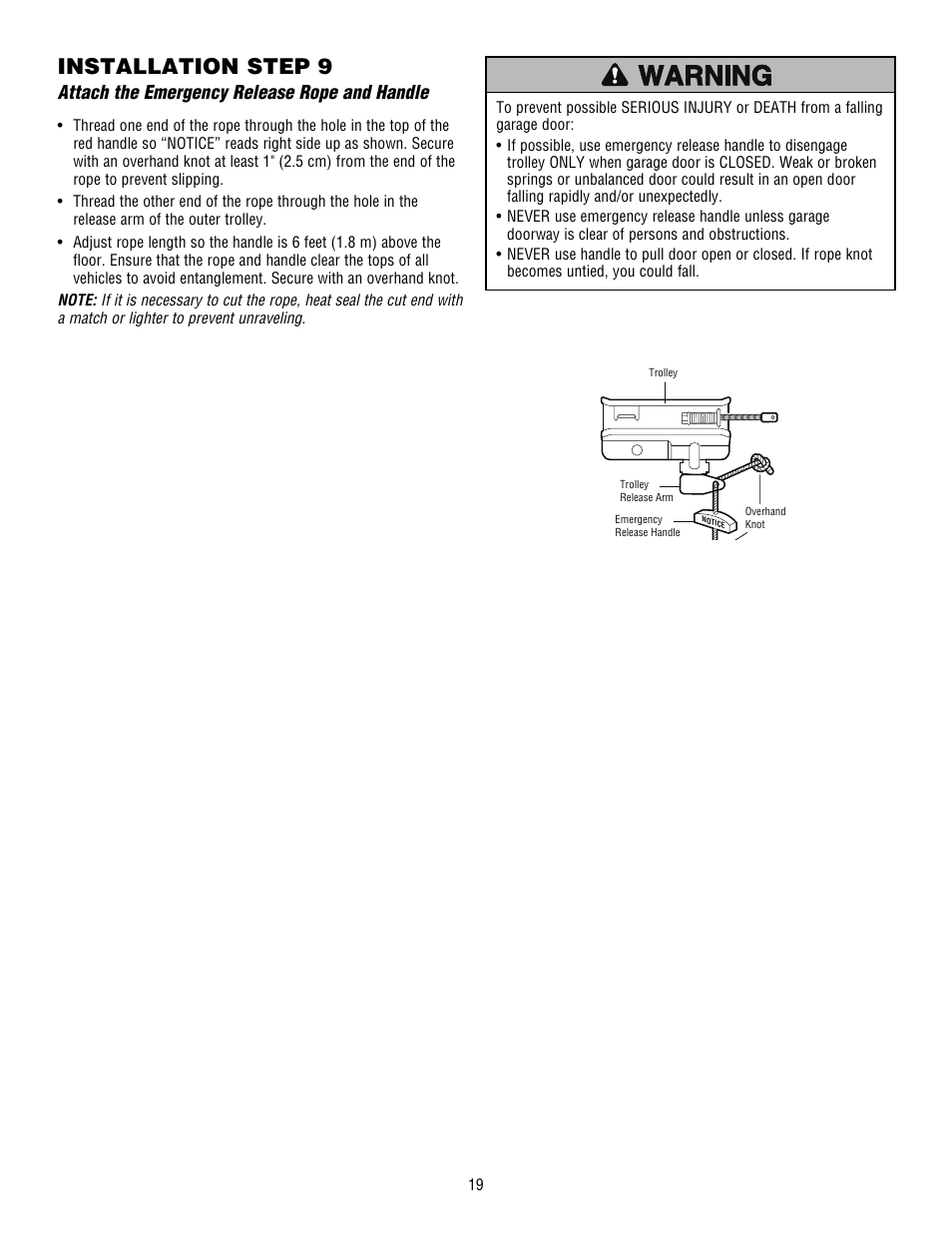 Attach the emergency release rope and handle, Installation step 9 | Chamberlain WHISPER DRIVE HD900D User Manual | Page 19 / 88