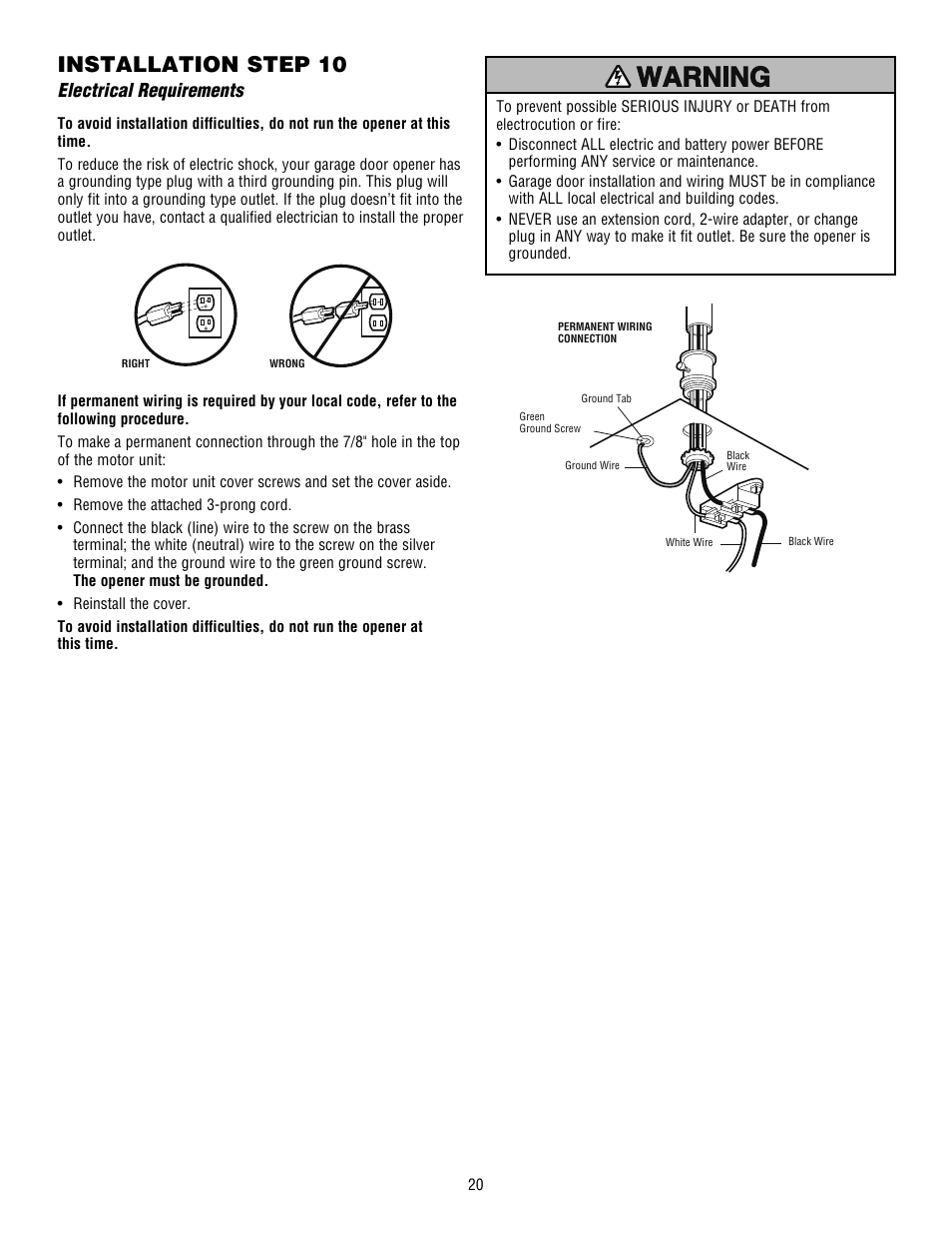 Electrical requirements, Installation step 10 | Chamberlain WHISPER DRIVE HD900D User Manual | Page 20 / 88