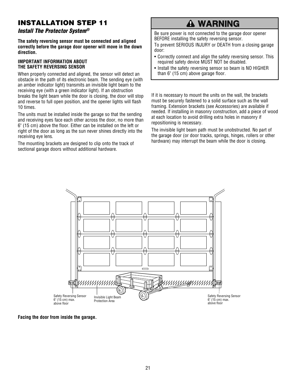 Install the protector system® (safety sensors), Installation step 11, Install the protector system | Chamberlain WHISPER DRIVE HD900D User Manual | Page 21 / 88