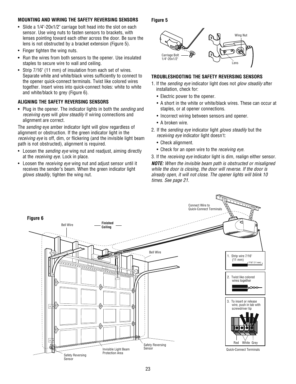 Mounting and wiring the safety reversing sensors, Aligning the safety reversing sensors, Troubleshooting the safety reversing sensors | Chamberlain WHISPER DRIVE HD900D User Manual | Page 23 / 88