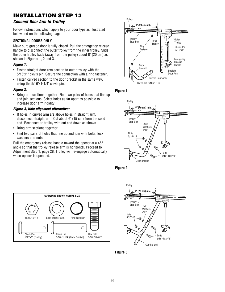 Connect door arm to trolley, Installation step 13 | Chamberlain WHISPER DRIVE HD900D User Manual | Page 26 / 88