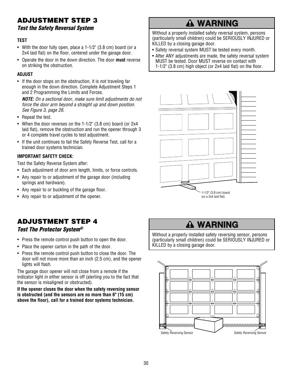 Test the safety reversal system, Test the protector system® (safety sensors), Adjustment step 3 | Adjustment step 4 | Chamberlain WHISPER DRIVE HD900D User Manual | Page 30 / 88