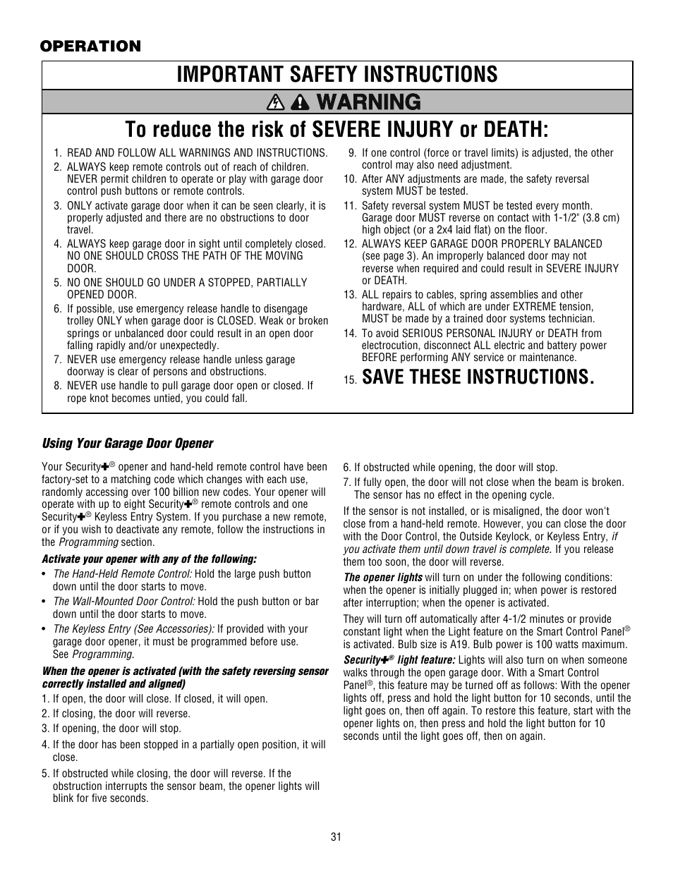 Operation, Using your garage door opener, Save these instructions | Chamberlain WHISPER DRIVE HD900D User Manual | Page 31 / 88