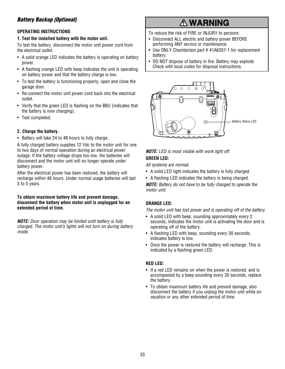 Battery backup (optional) | Chamberlain WHISPER DRIVE HD900D User Manual | Page 33 / 88