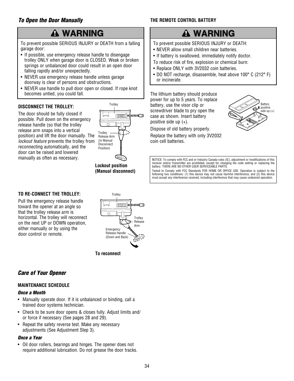 To open the door manually, Care of your opener | Chamberlain WHISPER DRIVE HD900D User Manual | Page 34 / 88