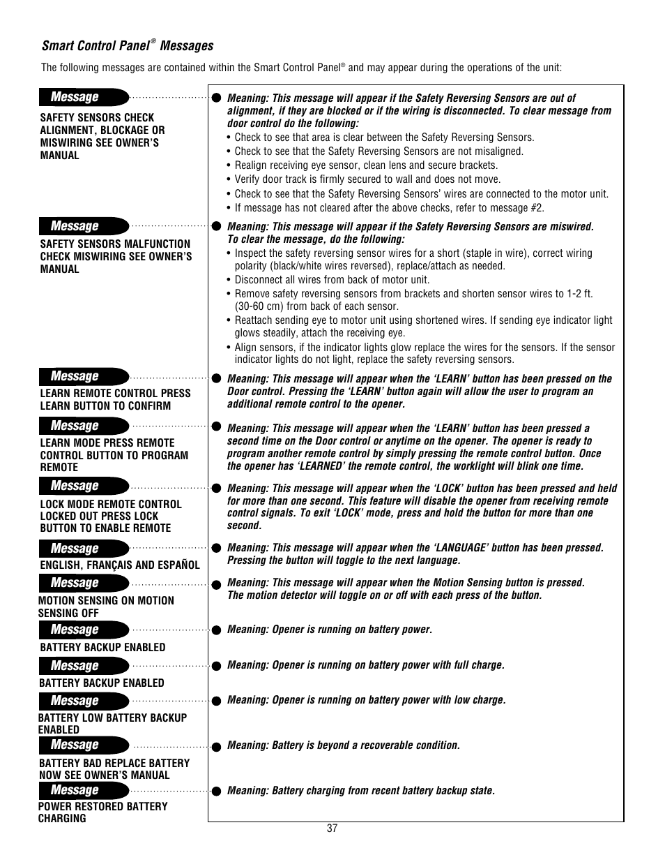 Lcd motion detecting control console messages | Chamberlain WHISPER DRIVE HD900D User Manual | Page 37 / 88