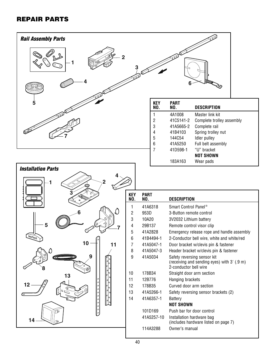 Repair parts, Rail assembly parts, Installation parts | Chamberlain WHISPER DRIVE HD900D User Manual | Page 40 / 88