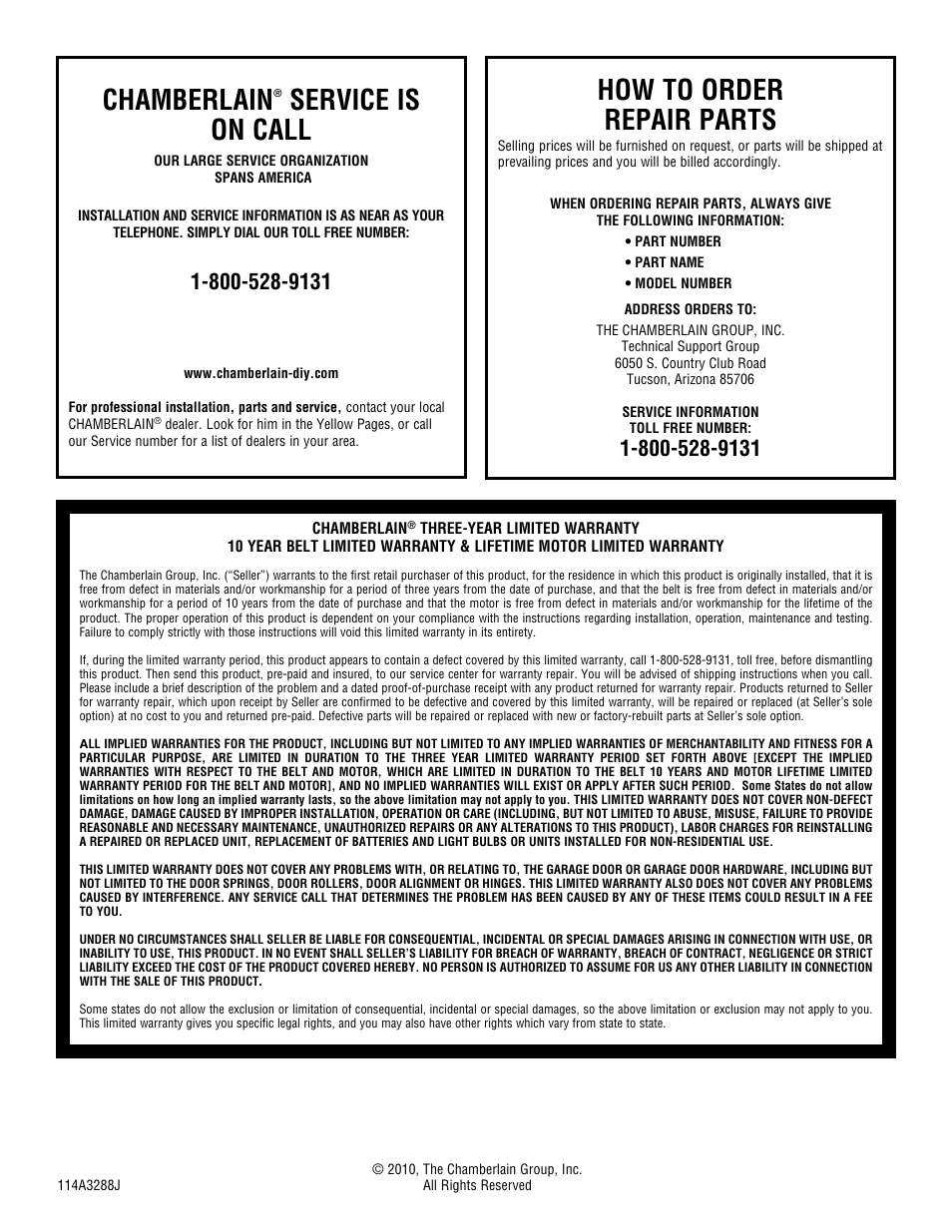 Chamberlain® service is on call, How to order repair parts, Warranty | Chamberlain, Service is on call | Chamberlain WHISPER DRIVE HD900D User Manual | Page 44 / 88