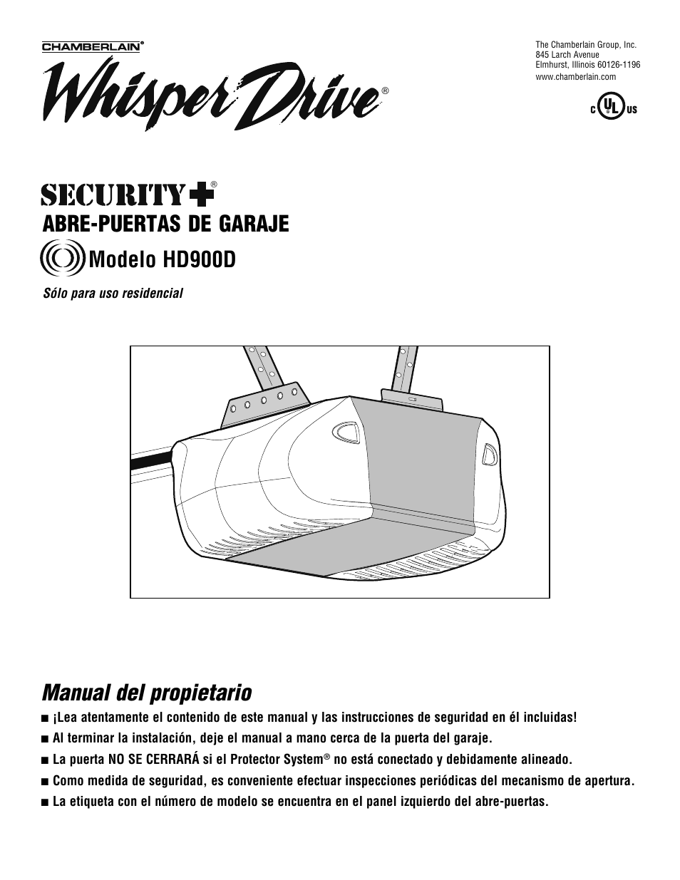 Spanish, Abre-puertas de garaje modelo hd900d, Manual del propietario | Chamberlain WHISPER DRIVE HD900D User Manual | Page 45 / 88