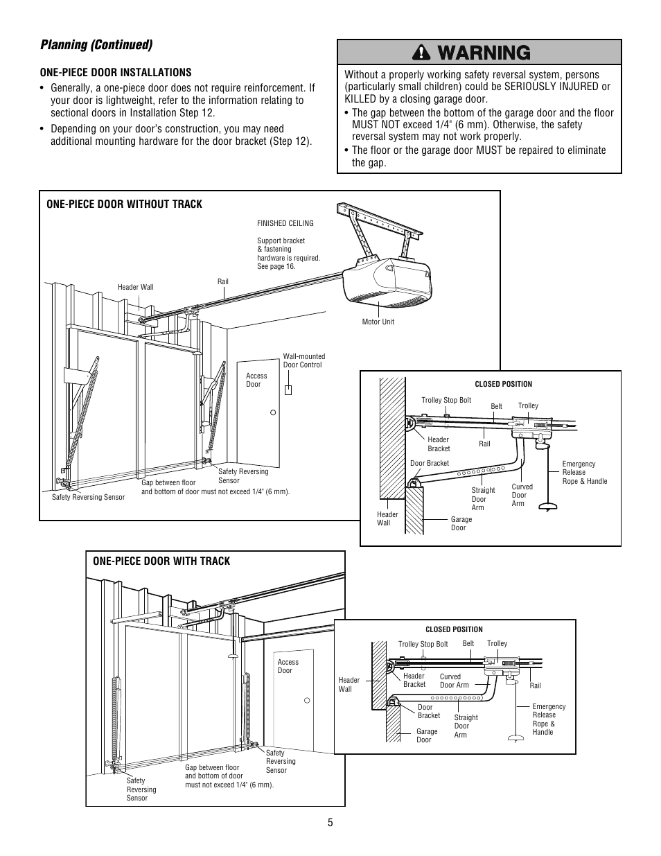 One-piece door installations, Planning (continued), One-piece door without track | Chamberlain WHISPER DRIVE HD900D User Manual | Page 5 / 88