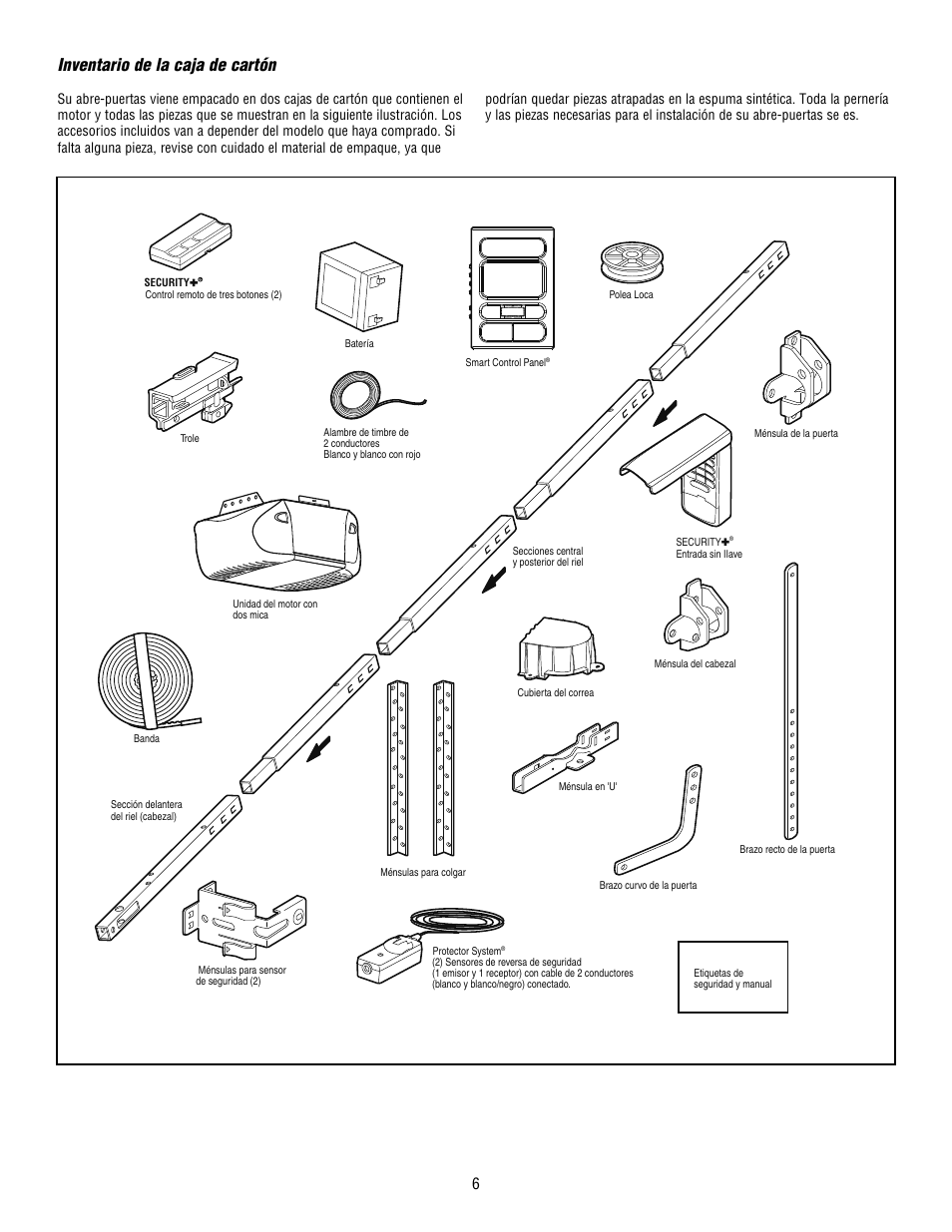 Inventario de la caja de cartón | Chamberlain WHISPER DRIVE HD900D User Manual | Page 50 / 88