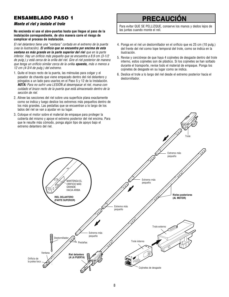 Precaución, Precaución advertencia advertencia advertencia, Ensamblado paso 1 | Chamberlain WHISPER DRIVE HD900D User Manual | Page 52 / 88