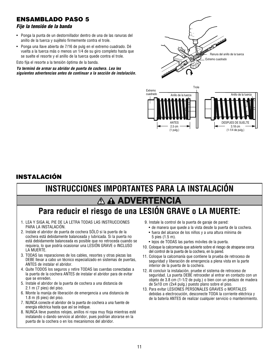 Advertencia, Instrucciones importantes para la instalación, Ensamblado paso 5 | Instalación | Chamberlain WHISPER DRIVE HD900D User Manual | Page 55 / 88