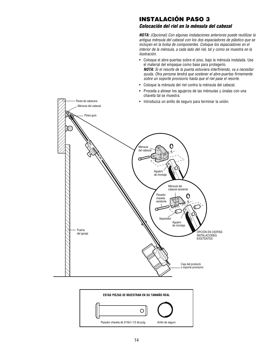 Instalación paso 3, Colocación del riel en la ménsula del cabezal | Chamberlain WHISPER DRIVE HD900D User Manual | Page 58 / 88