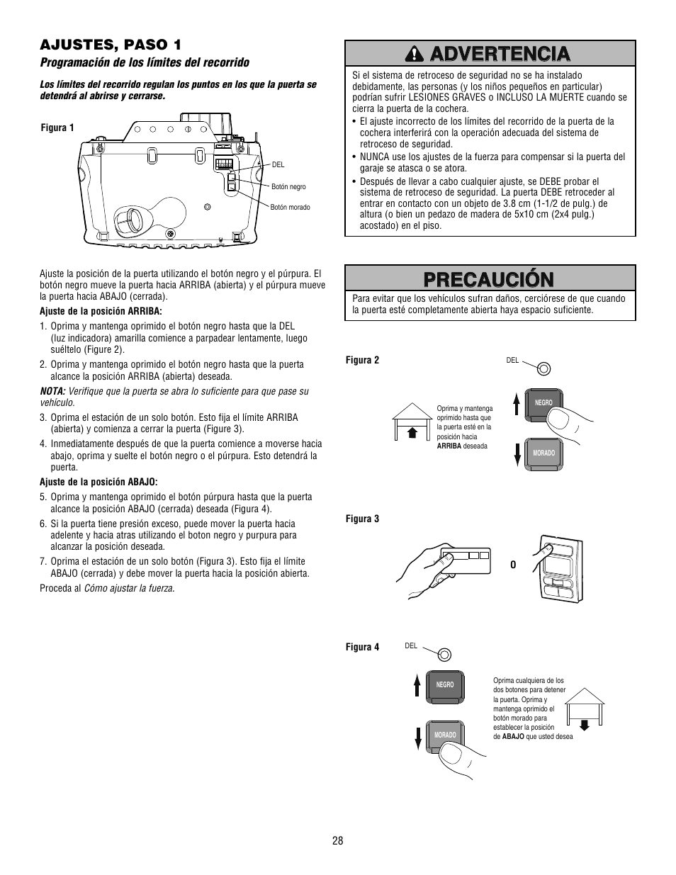 Precaución, Precaución advertencia advertencia advertencia, Ajustes, paso 1 | Chamberlain WHISPER DRIVE HD900D User Manual | Page 72 / 88