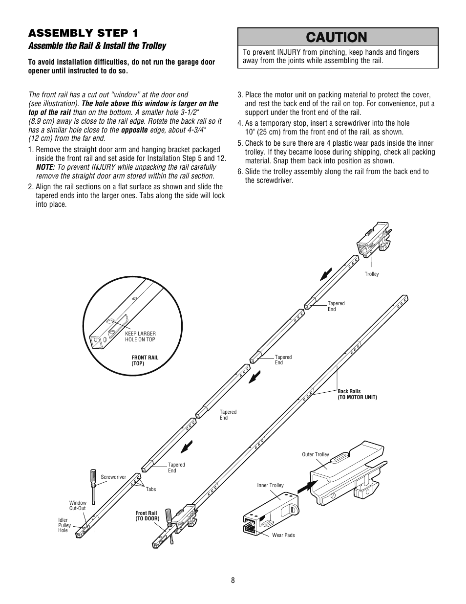 Assembly, Assemble the rail & install the trolley, Assembly step 1 | Chamberlain WHISPER DRIVE HD900D User Manual | Page 8 / 88