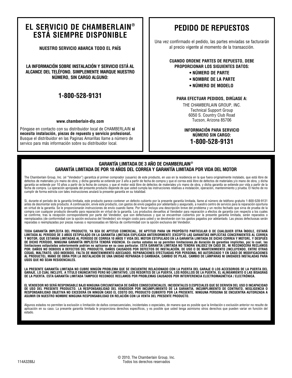 El servicio de chamberlain, Está siempre disponible, Pedido de repuestos | Chamberlain WHISPER DRIVE HD900D User Manual | Page 88 / 88