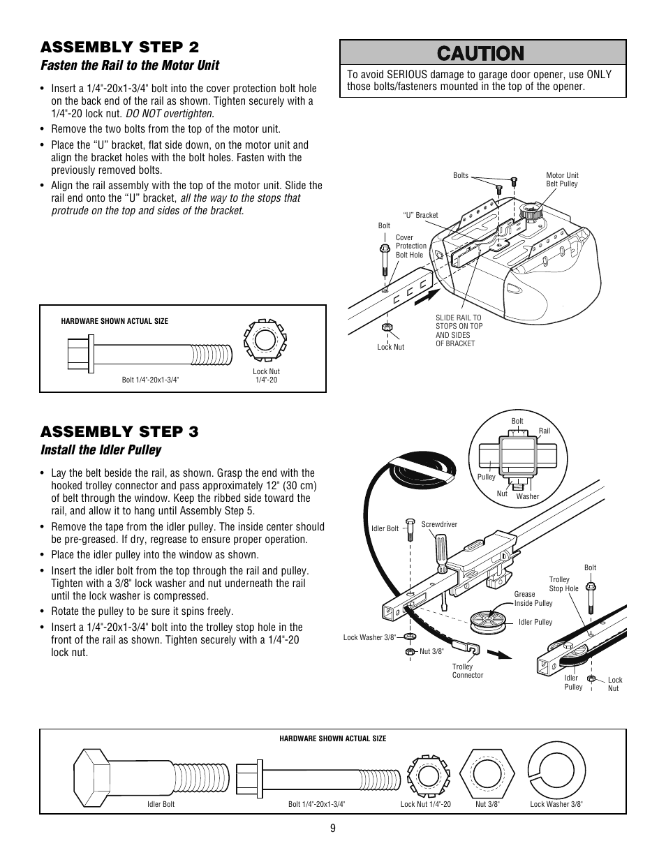 Fasten the rail to the motor unit, Install the idler pulley, Assembly step 2 | Assembly step 3 | Chamberlain WHISPER DRIVE HD900D User Manual | Page 9 / 88