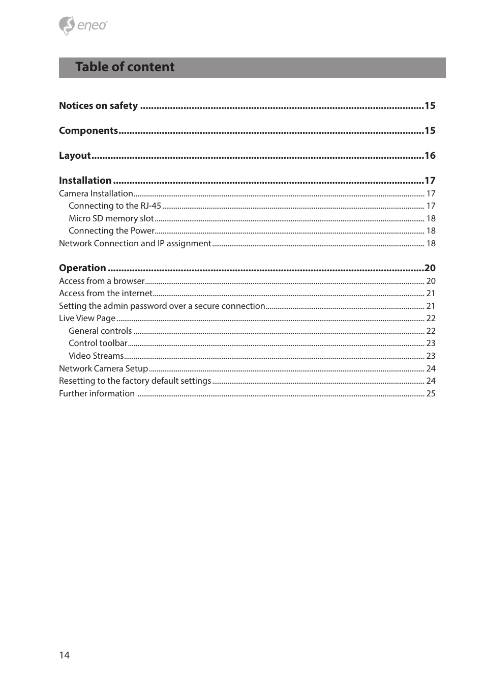 Table of content | Eneo NXD-880F37P User Manual | Page 14 / 40