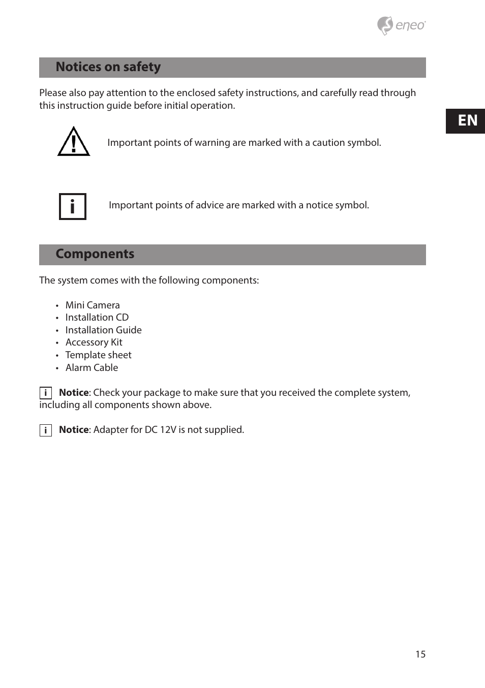 Components, Notices on safety | Eneo NXD-880F37P User Manual | Page 15 / 40