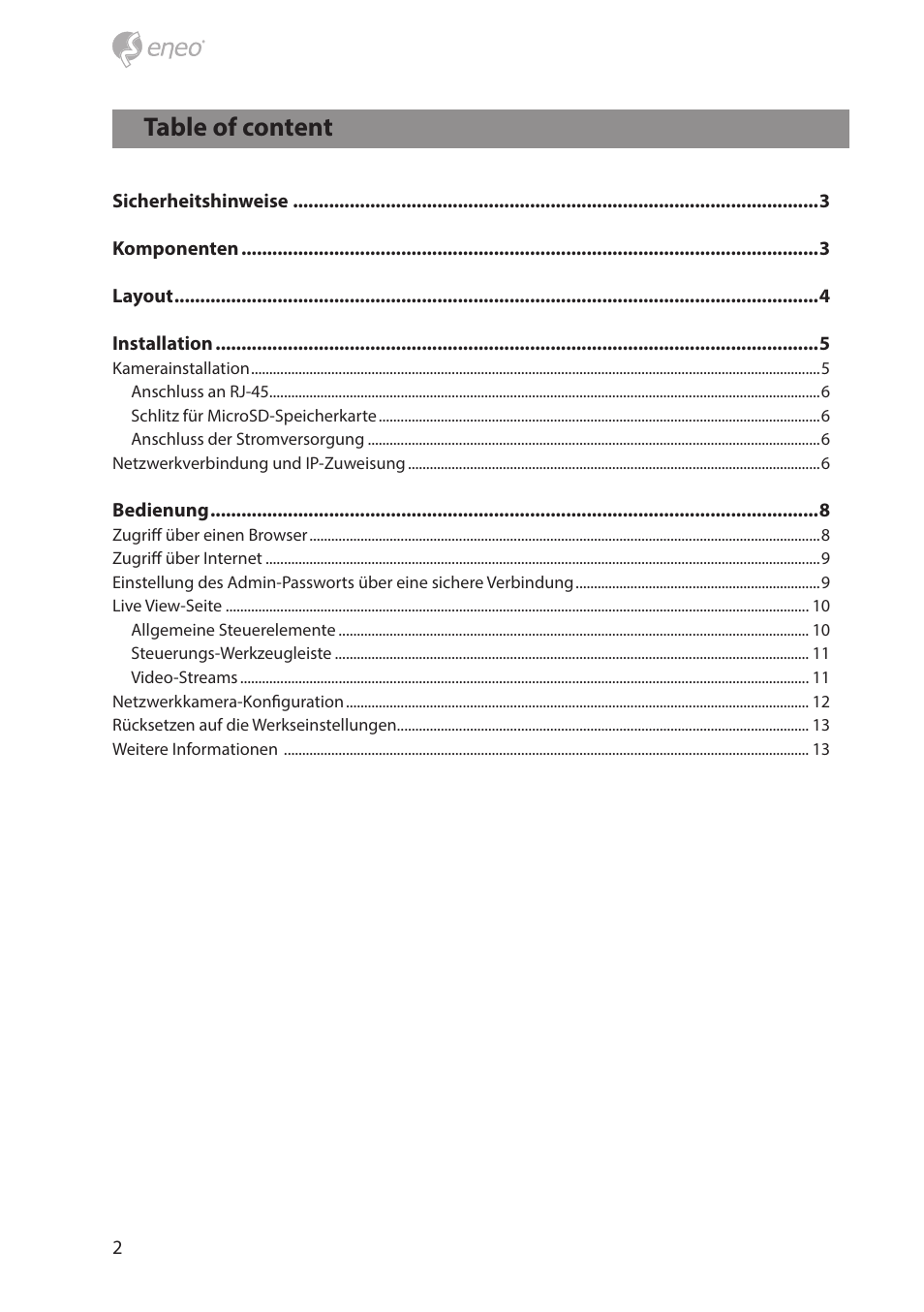 Table of content | Eneo NXD-880F37P User Manual | Page 2 / 40
