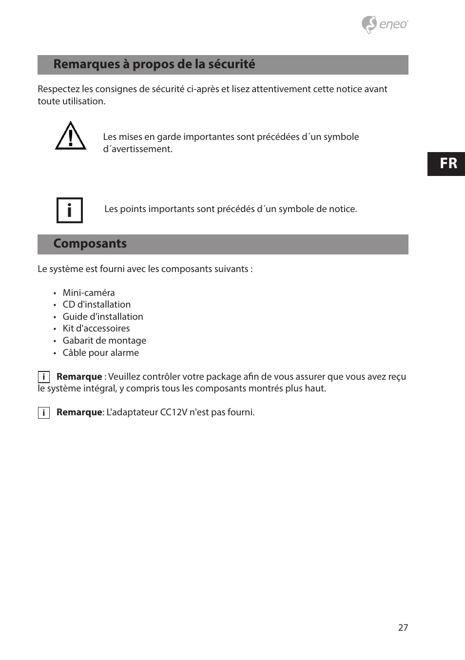 Composants, Remarques à propos de la sécurité | Eneo NXD-880F37P User Manual | Page 27 / 40