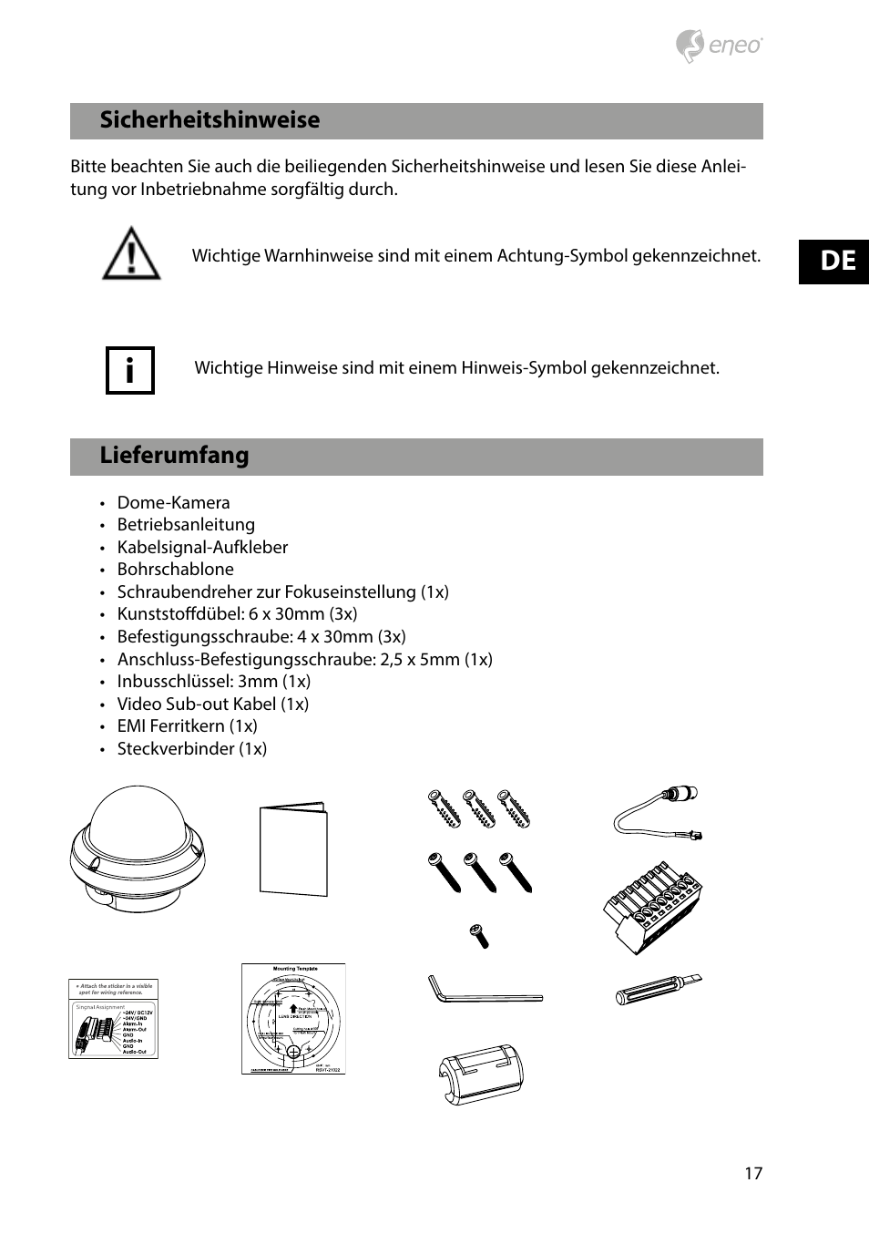 Lieferumfang, Sicherheitshinweise | Eneo PXD-2080MIR D User Manual | Page 17 / 44