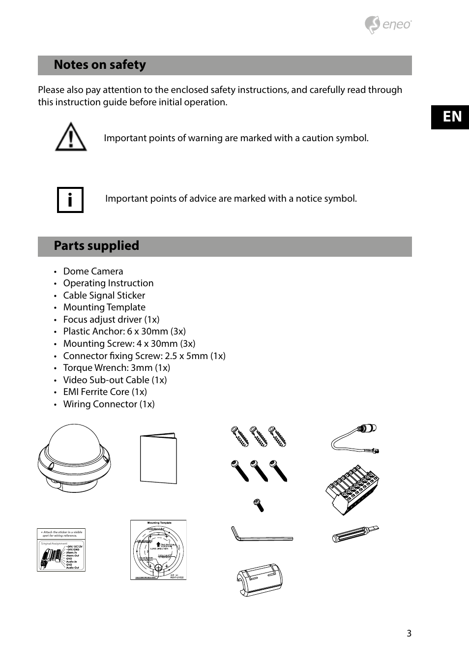 Parts supplied | Eneo PXD-2080MIR D User Manual | Page 3 / 44