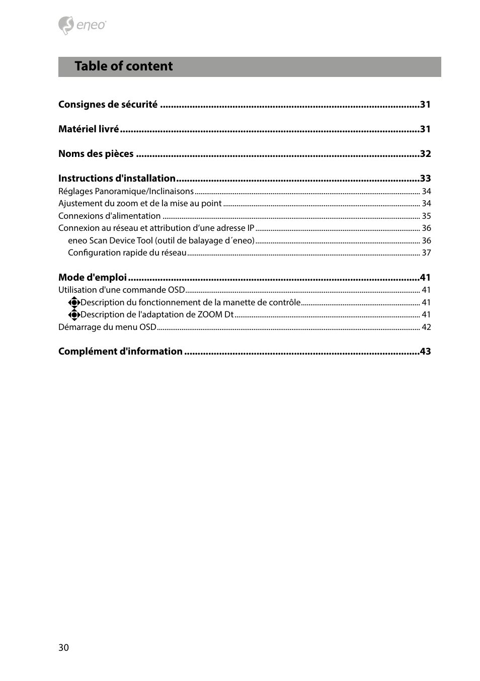 Table of content | Eneo PXD-2080MIR D User Manual | Page 30 / 44