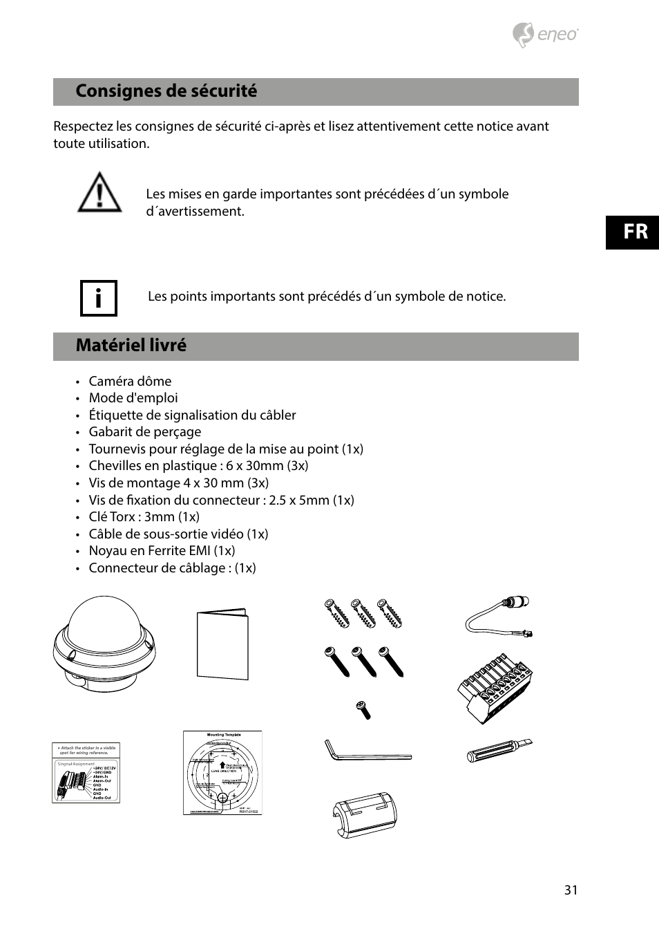 Matériel livré, Consignes de sécurité | Eneo PXD-2080MIR D User Manual | Page 31 / 44