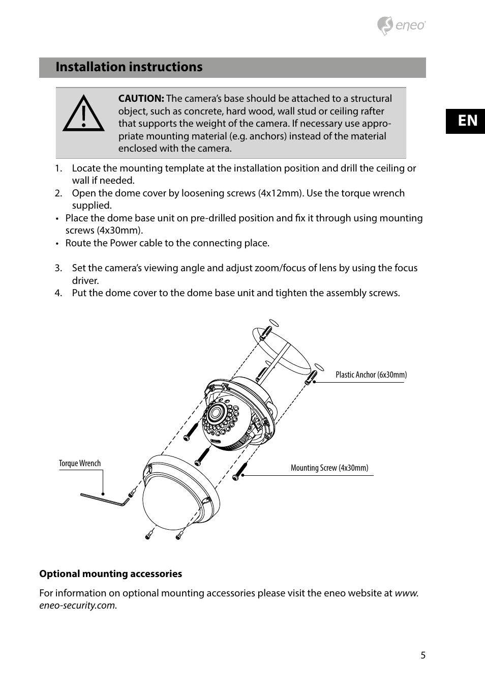 Installation instructions | Eneo PXD-2080MIR D User Manual | Page 5 / 44