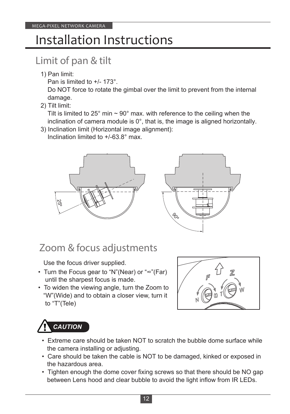 Installation instructions, Limit of pan & tilt zoom & focus adjustments | Eneo PXD-2080MIR D User Manual | Page 12 / 36