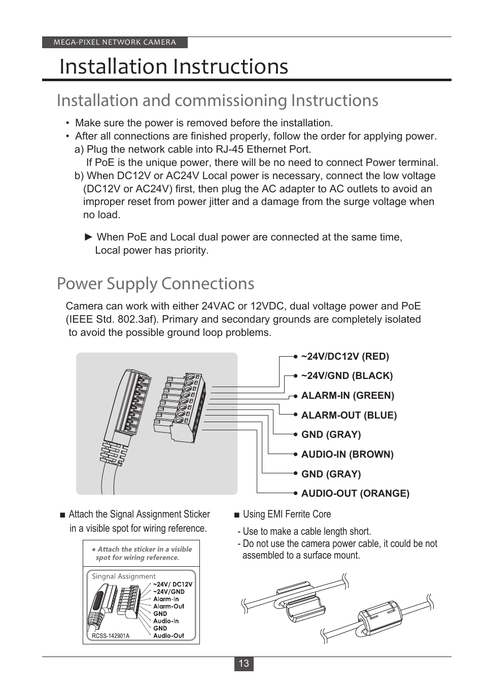 Installation instructions, Installation and commissioning instructions, Power supply connections | Eneo PXD-2080MIR D User Manual | Page 13 / 36