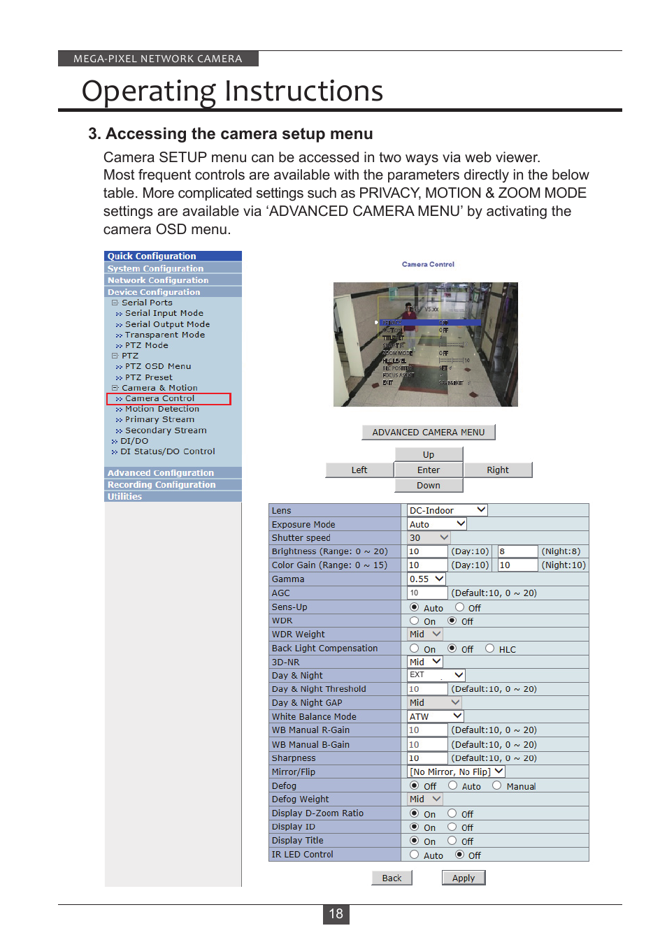 Operating instructions, Accessing the camera setup menu | Eneo PXD-2080MIR D User Manual | Page 18 / 36