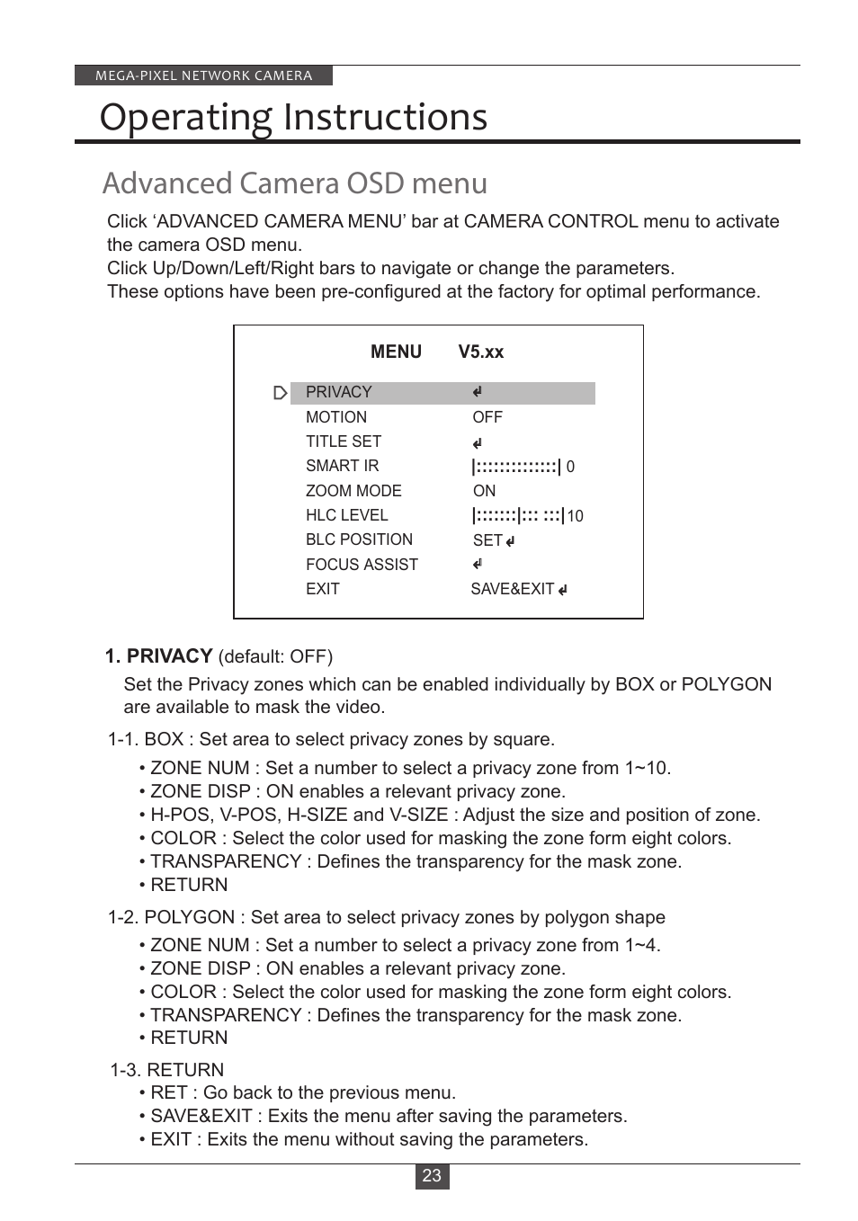 Operating instructions, Advanced camera osd menu | Eneo PXD-2080MIR D User Manual | Page 23 / 36