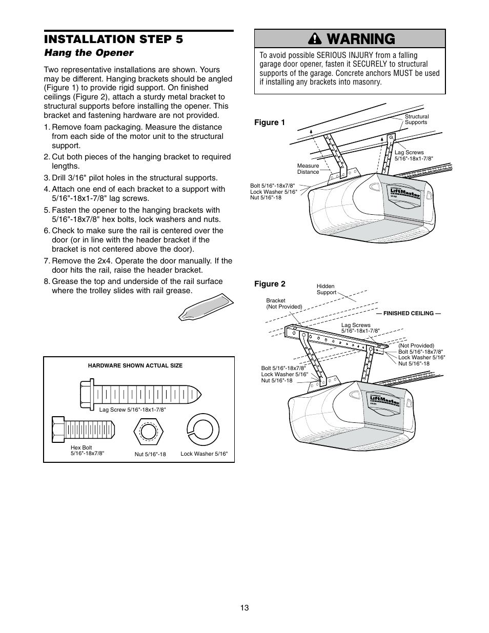 Hang the opener, Warning caution warning warning, Installation step 5 | Chamberlain 2575 User Manual | Page 13 / 36