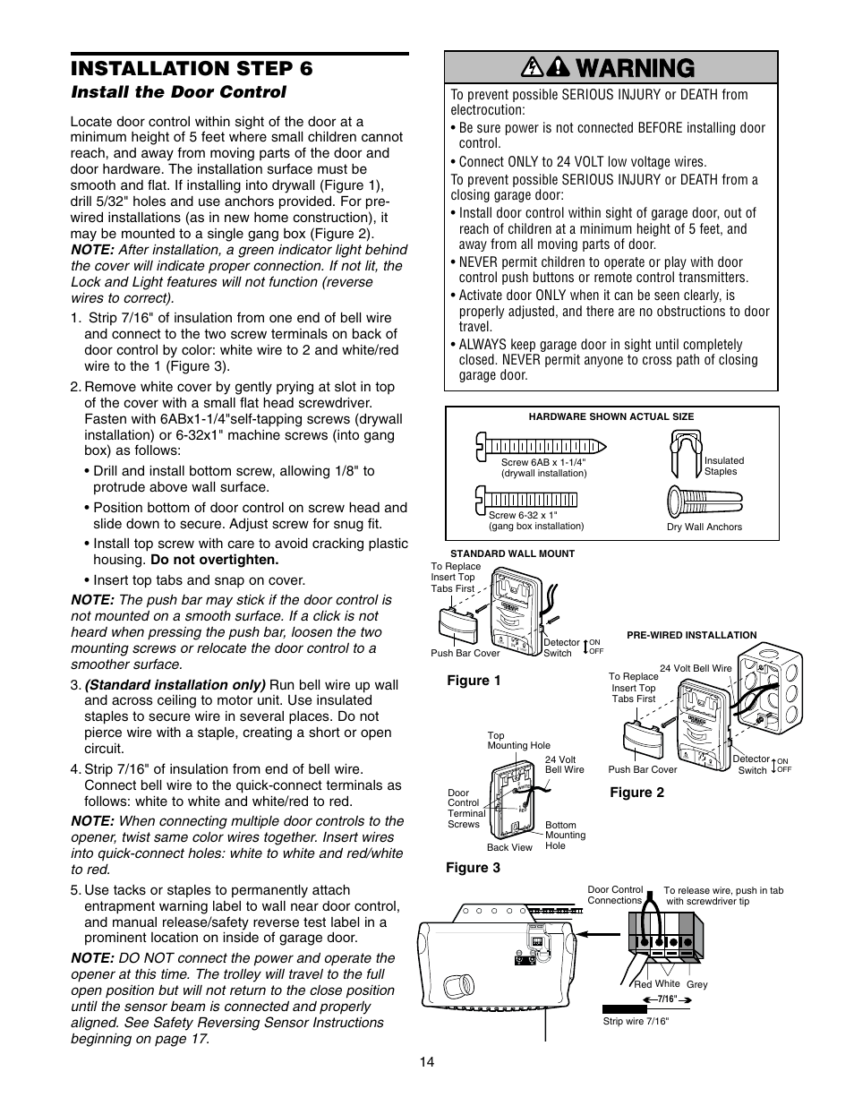 Install the door control, Warning caution warning warning, Installation step 6 | Chamberlain 2575 User Manual | Page 14 / 36