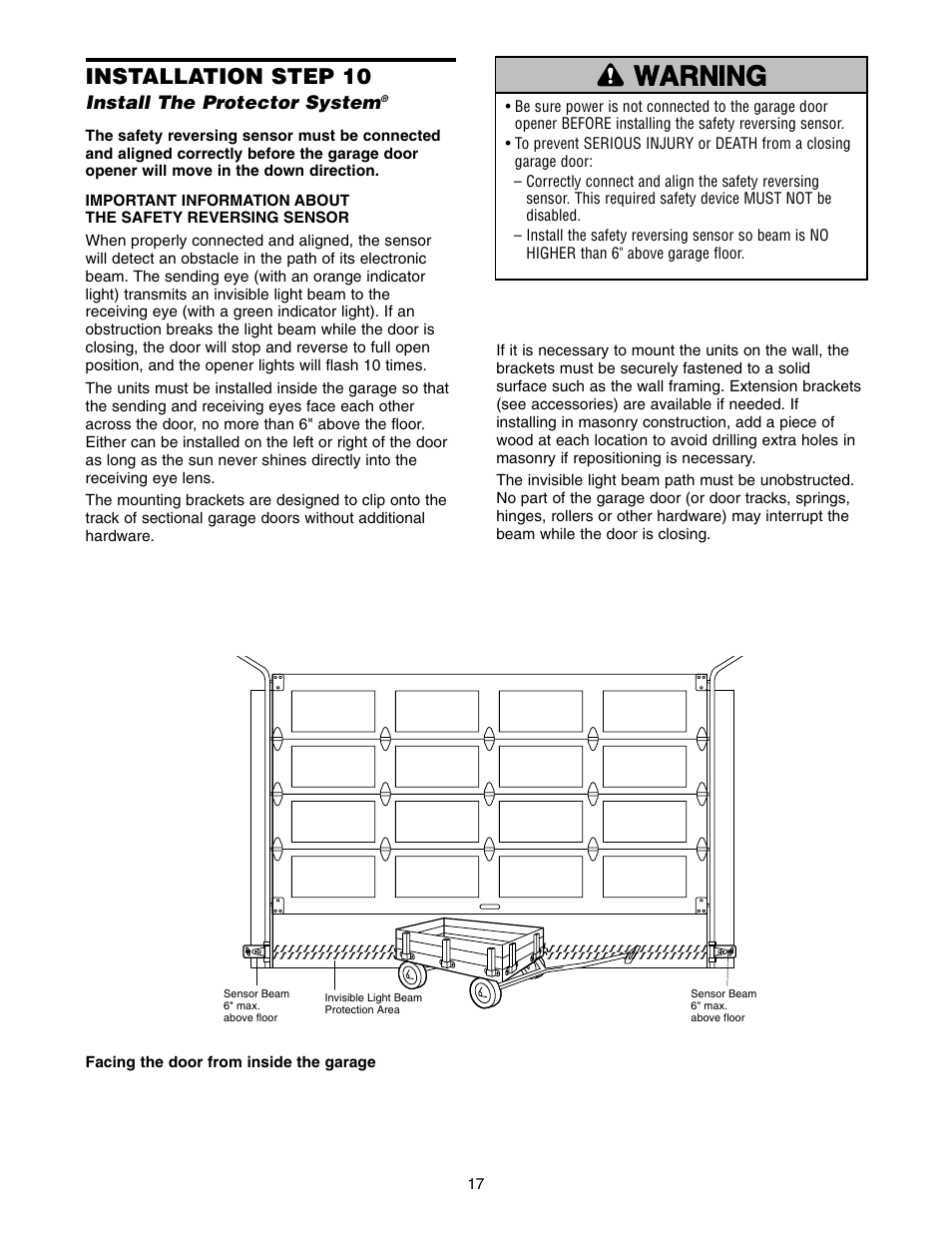 Install the protector system, Warning caution warning warning, Installation step 10 | Chamberlain 2575 User Manual | Page 17 / 36