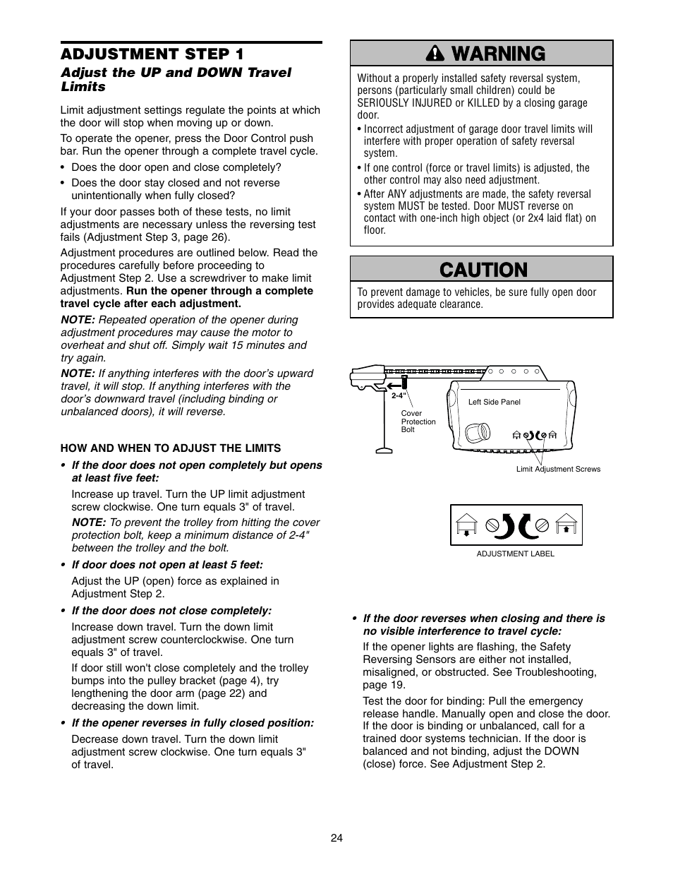 Adjustment, Adjust the up and down travel, Warning caution warning warning | Adjustment step 1 | Chamberlain 2575 User Manual | Page 24 / 36