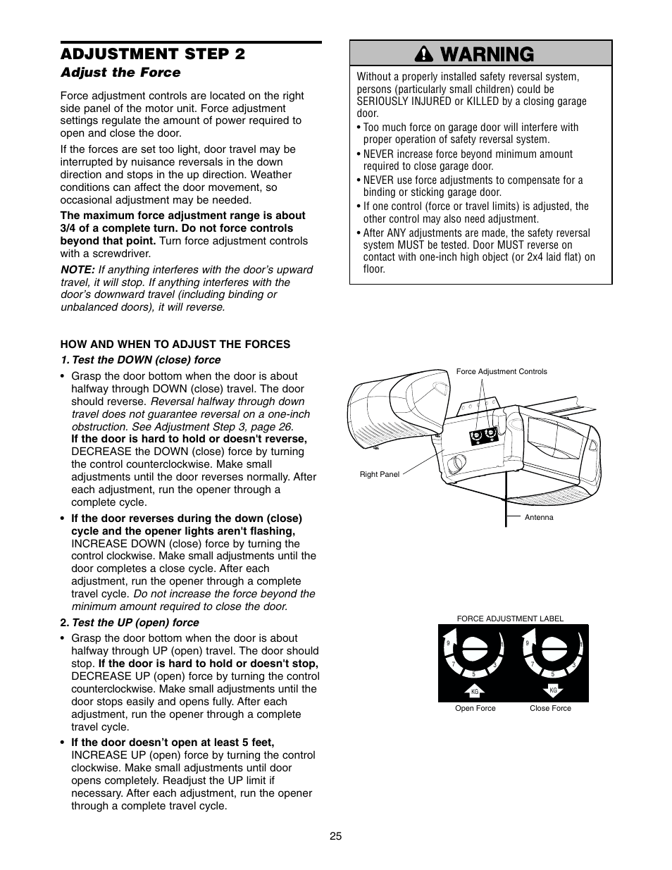 Adjust the force, Warning caution warning warning, Adjustment step 2 | Chamberlain 2575 User Manual | Page 25 / 36
