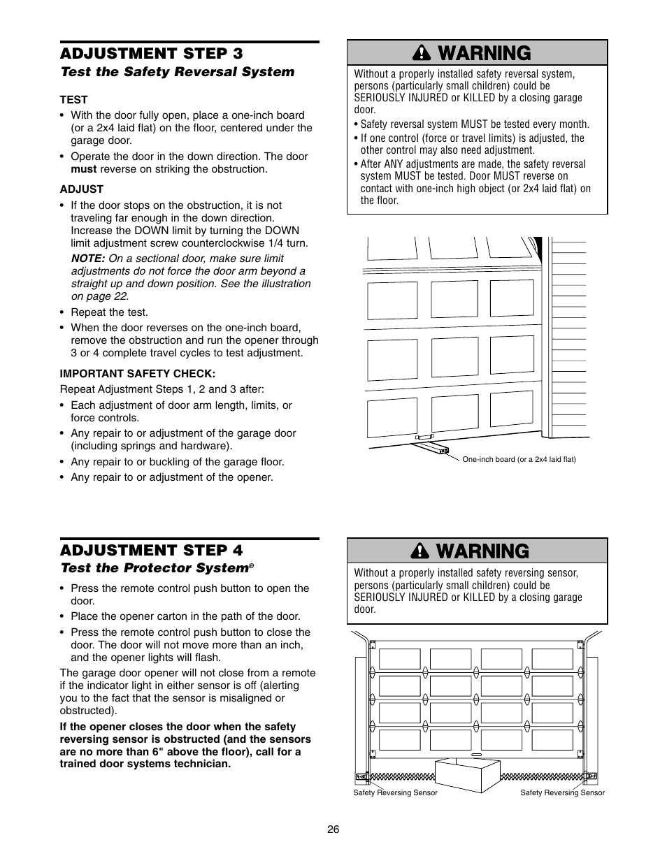 Test the safety reversal system, Test the protector system, Adjustment step 3 | Adjustment step 4 | Chamberlain 2575 User Manual | Page 26 / 36