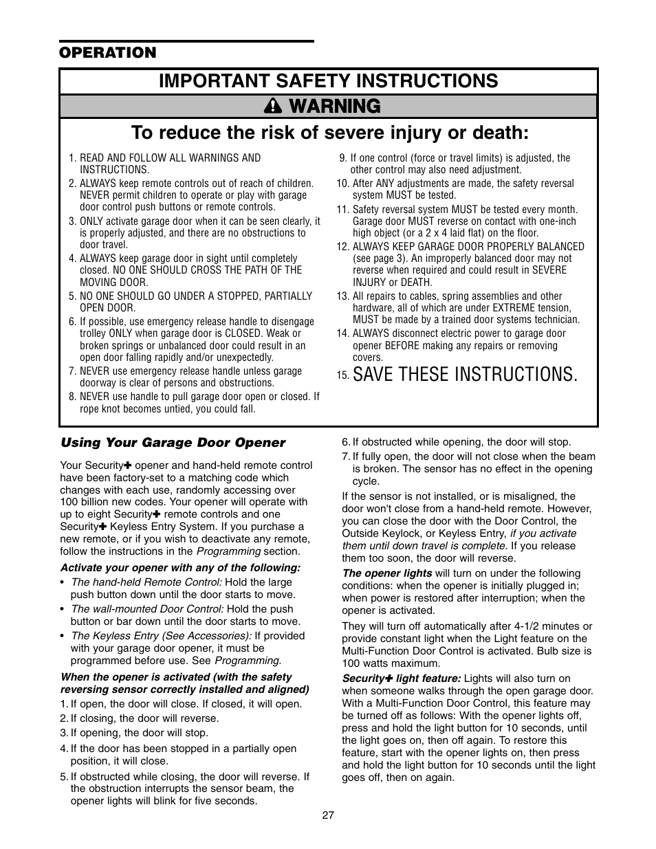 Operation, Using your garage door opener, Save these instructions | Chamberlain 2575 User Manual | Page 27 / 36